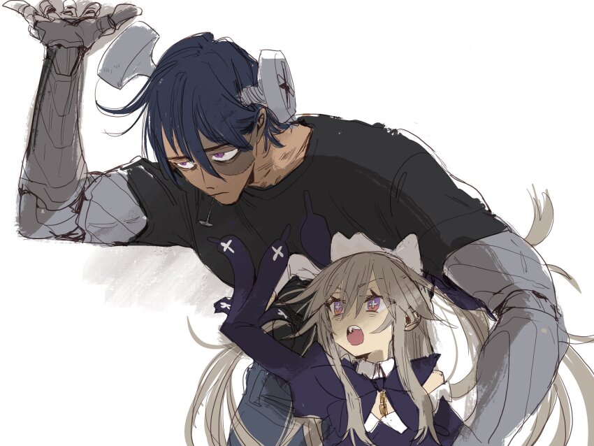 1boy 1girl black_shirt blue_hair brown_hair commentary_request cross-shaped_pupils dark-skinned_male dark_skin denim half-closed_eyes hand_on_another&#039;s_chest height_difference highres hijirime_laeria ikuhana_niiro indie_virtual_youtuber jeans juliet_sleeves long_hair long_sleeves looking_at_another looking_up mechanical_arms mouth_hold multicolored_eyes muscular muscular_male nail_(hardware) object_through_head open_mouth pants puffy_sleeves purple_eyes pushing rainbrain_(vtuber) sanpaku screw_in_head shirt short_hair short_sleeves sidelocks simple_background stitched_face stitches symbol-shaped_pupils t-shirt tall teeth two-tone_eyes two_side_up upper_teeth_only virtual_youtuber white_background