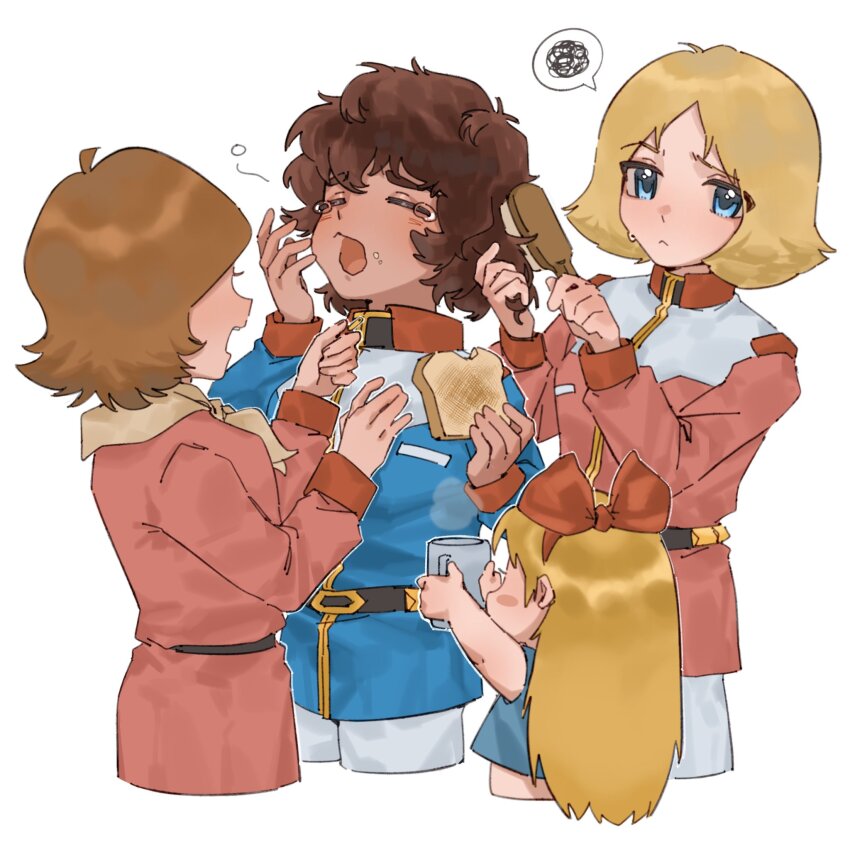 4girls amuro_ray blonde_hair blue_eyes blue_jacket bow bread bread_slice brown_hair brushing_another&#039;s_hair brushing_hair child commentary cropped_legs crumbs cup food fraw_bow genderswap genderswap_(mtf) gundam hair_bow highres holding holding_cup jacket kikka_kitamoto long_hair long_sleeves military_uniform mobile_suit_gundam multiple_girls open_mouth pants pink_jacket porkpie68701999 red_bow sayla_mass speech_bubble spoken_squiggle squiggle sweatdrop symbol-only_commentary toast very_long_hair white_pants yawning