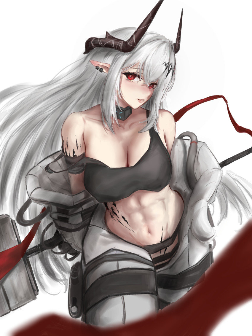 1girl abs arknights arms_behind_back baobo bare_shoulders black_gloves black_horns black_sports_bra breasts chinese_commentary cleavage collarbone commentary_request cowboy_shot crossed_bangs demon_horns gloves hair_between_eyes hair_ornament hammer highres holding holding_hammer horns infection_monitor_(arknights) jewelry jumpsuit large_breasts long_hair looking_at_viewer material_growth mudrock_(arknights) mudrock_(elite_ii)_(arknights) navel off_shoulder open_jumpsuit oripathy_lesion_(arknights) parted_lips pointy_ears red_eyes sidelocks simple_background sledgehammer solo sports_bra standing stomach sweat white_background white_hair white_jumpsuit