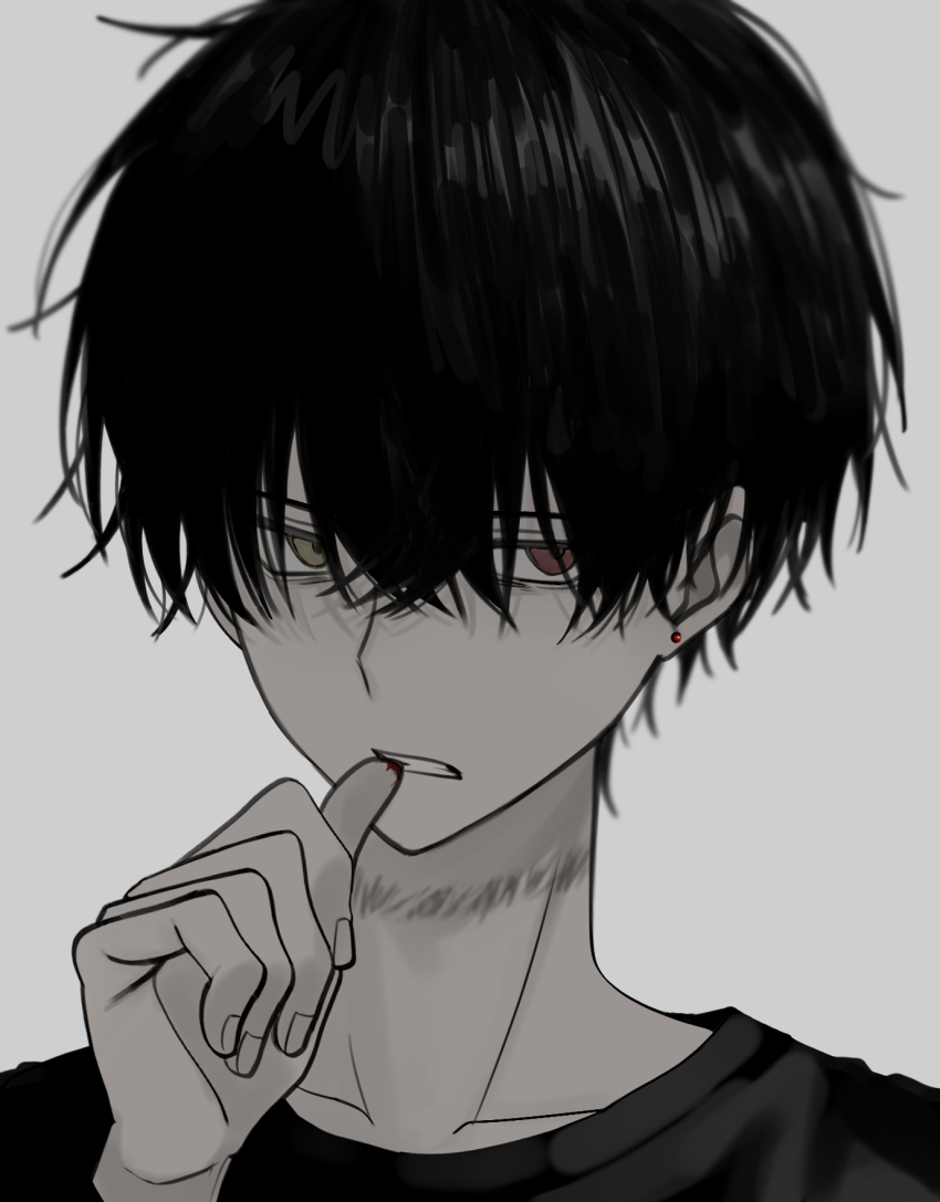 1boy akanei6no_sora biting black_hair black_shirt crossed_bangs ear_piercing green_eyes grey_background greyscale hair_between_eyes heterochromia highres looking_at_viewer male_focus monochrome nail_biting original piercing red_eyes scar scar_on_neck shirt simple_background solo upper_body
