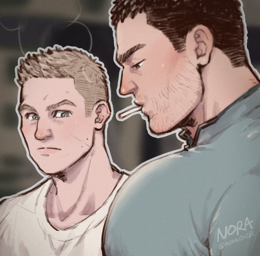 2boys artist_name bara black_hair brown_hair bursting_pectorals chris_redfield cigarette facial_hair from_side girl_staring_at_guy&#039;s_chest_(meme) green_shirt highres large_pectorals looking_at_another looking_at_pectorals male_focus meme multiple_boys muscle_envy muscular muscular_male noracatr pectoral_focus pectorals piers_nivans resident_evil resident_evil_6 shirt short_hair twitter_username white_shirt