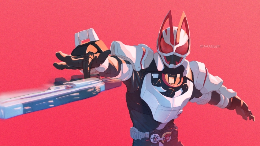 1boy aaatsushi animal_ears armor black_bodysuit black_gloves bodysuit breastplate desire_driver rider_belt formal_clothes fox_ears fox_mask gloves glowing gun hand_up handgun jacket kamen_rider kamen_rider_geats kamen_rider_geats_(series) kitsune magnum_boost magnum_buckle magnum_shooter_40x mask outstretched_arm raise_buckle red_background red_eyes rider_belt sash scarf shirt shoulder_armor simple_background suit tokusatsu spinning_gun spinning_weapon twitter_username vest weapon white_sash white_scarf white_shirt