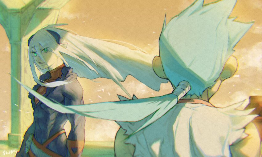 2boys belt blue_hair breath_of_fire breath_of_fire_iv fou-lu highres horns long_hair male_focus multiple_boys nanpou_(nanpou0021) open_mouth pointy_ears ponytail ryu_(breath_of_fire_iv) sword weapon white_hair