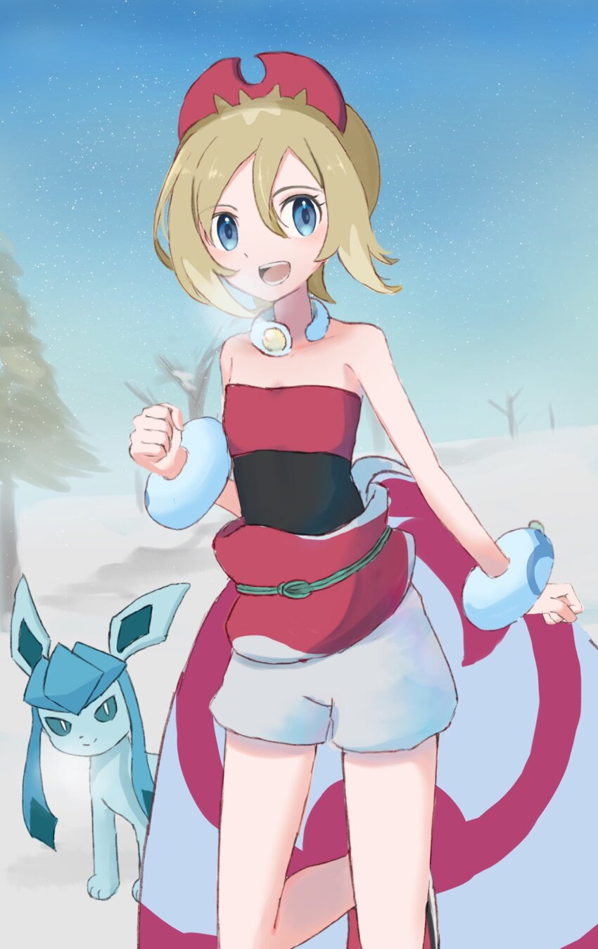 1girl 67wk317 :d bare_shoulders blonde_hair blue_eyes clenched_hands gen_4_pokemon glaceon hairband highres irida_(pokemon) leg_up looking_at_viewer nintendo open_mouth outdoors pokemon pokemon_(creature) pokemon_legends:_arceus red_hairband shirt short_hair shorts smile snowing standing standing_on_one_leg strapless strapless_shirt teeth white_shorts