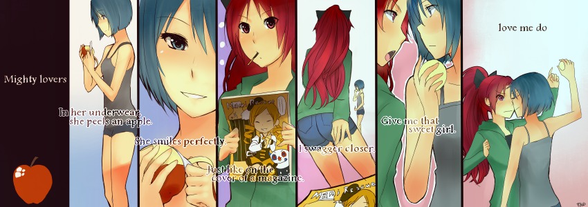 10s 2girls apple apple_peel blue_eyes blue_hair bow casual charlotte_(madoka_magica) english_text engrish_text food fruit hair_bow highres holding holding_food holding_fruit lingerie lyrics magazine_(object) mahou_shoujo_madoka_magica mahou_shoujo_madoka_magica_(anime) miki_sayaka morning_rescue multiple_girls peeling pocky ponytail radiostarkiller ranguage red_eyes red_hair sakura_kyoko shorts smile tank_top the_pillows tomoe_mami typo underwear wavy_mouth yuri