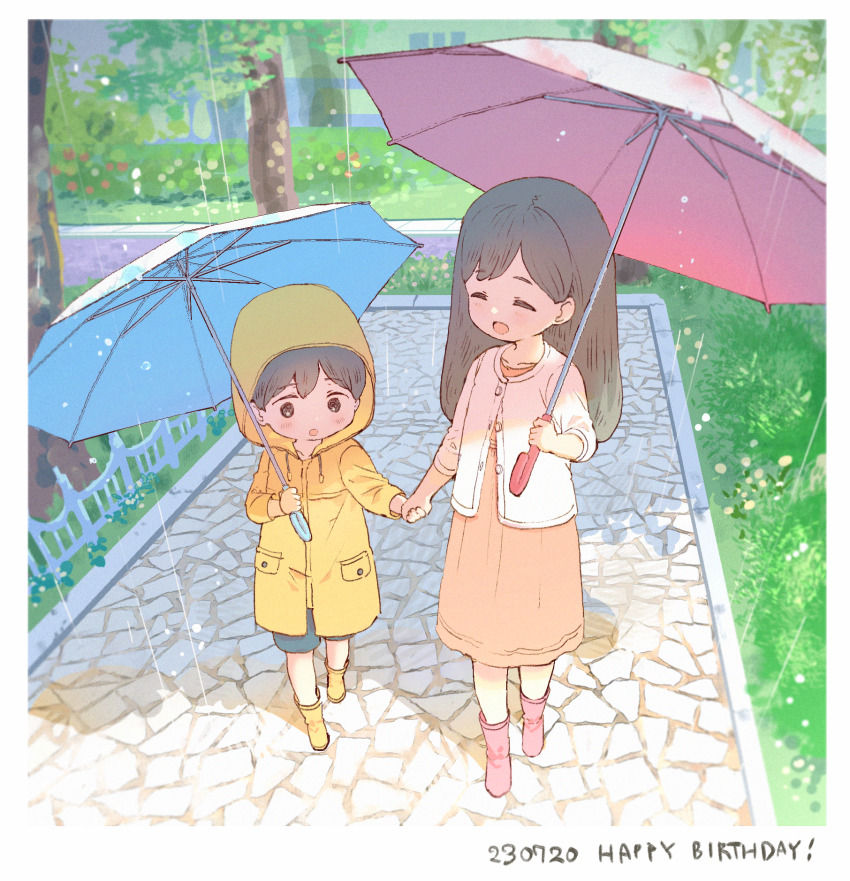 1boy 1girl :d :o aged_down black_eyes black_hair blue_shorts blue_umbrella blush boots border brother_and_sister bush buttons child closed_eyes collarbone commentary dated double-parted_bangs dress english_commentary fence full_body happy_birthday highres holding holding_hands holding_umbrella hood hood_up hooded_coat jacket long_hair long_sleeves mari_(faraway)_(omori) mari_(omori) medium_dress omori open_mouth orange_dress outdoors parted_bangs partially_unbuttoned pink_boots pink_umbrella rain raincoat rubber_boots short_hair shorts siblings side-by-side smile stone_walkway sunlight sunny_(omori) tree umbrella vi_(12930432_bsk) walking water_drop white_border white_jacket yellow_boots yellow_raincoat