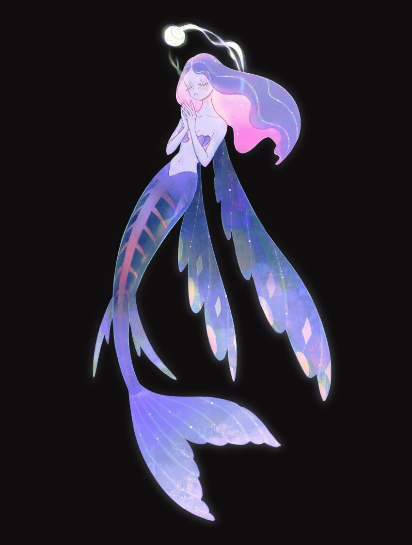 1girl amynyan anglerfish bikini black_background blush breasts cleavage closed_eyes colored_skin commentary english_commentary eyelashes fantasy fish highres long_hair mermaid mermay_2023 monster_girl navel original own_hands_together purple_bikini purple_hair purple_skin see-through_body shell shell_bikini simple_background solo swimsuit translucent_hair wings