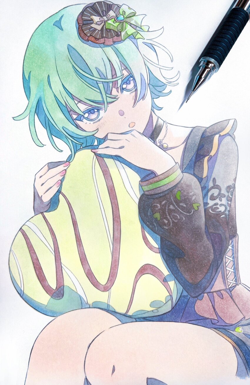 1girl art_tools_in_frame bow brown_bow brown_shirt candle_no_kaori_wa_omoide_to_tomo_ni_(project_sekai) commentary graphite_(medium) green_bow green_hair hair_bow hair_ornament heart heart-shaped_pillow highres holding holding_pillow kusanagi_nene long_sleeves looking_at_viewer marker_(medium) mechanical_pencil open_mouth pato_(ptro) pencil pillow project_sekai puffy_long_sleeves puffy_sleeves purple_eyes shirt short_hair solo traditional_media