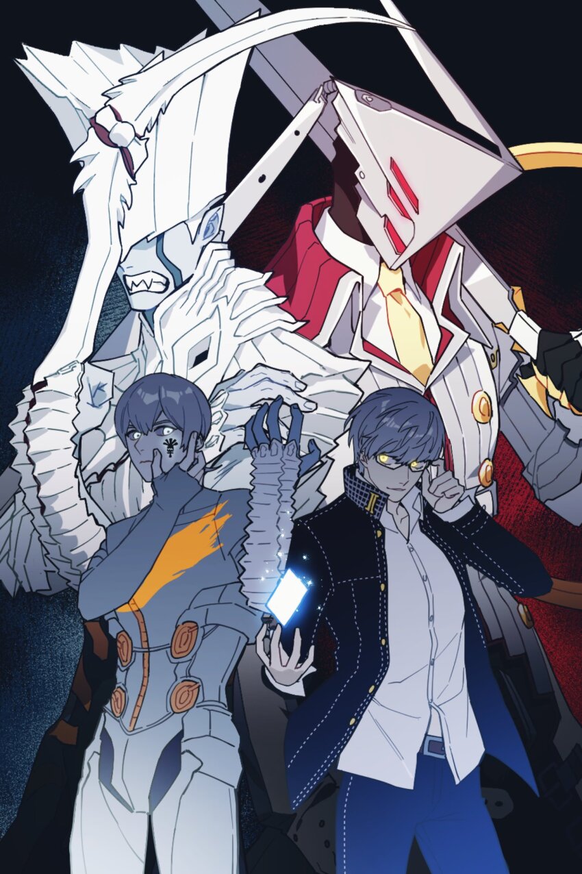 4boys black_jacket black_pants blue_background bodysuit closed_mouth collared_shirt company_connection covered_eyes cowboy_shot crossover digital_devil_saga fingerless_gloves glasses gloves glowing glowing_eyes grey_bodysuit grey_eyes grey_hair grey_jacket hand_up highres holding holding_sword holding_weapon izanagi_no_okami jacket long_sleeves maiucal multiple_boys narukami_yu necktie open_mouth pale_skin pants persona persona_4 red_eyes school_uniform serph shirt short_hair standing sword teeth weapon white_shirt yasogami_school_uniform yellow_eyes yellow_necktie