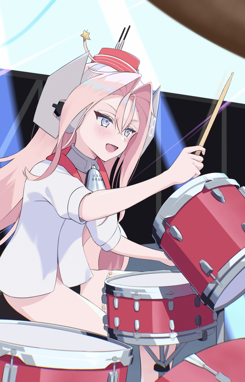 1girl absurdres bell black_one-piece_swimsuit coat collar drum drum_(kancolle) drum_set drumsticks feet_out_of_frame garrison_cap grey_eyes hair_ornament hat headgear highres holding holding_drumsticks instrument kantai_collection l_meet long_hair metal_collar name_connection neck_bell object_namesake one-piece_swimsuit pink_hair red_hat solo star_(symbol) star_hair_ornament swimsuit swimsuit_under_clothes white_coat