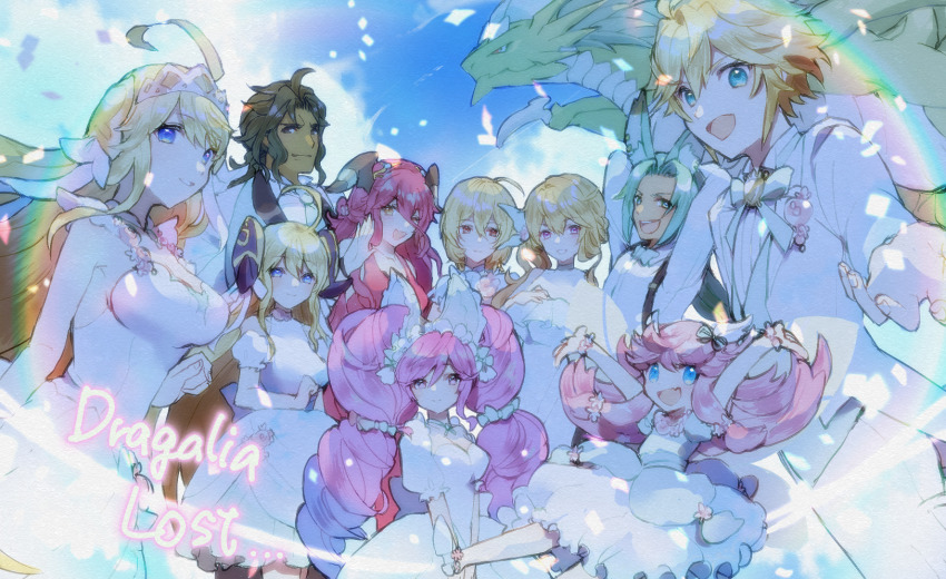 4boys 6+girls ahoge alex_(dragalia_lost) animal_ears bare_shoulders blonde_hair blue_eyes blue_hair blue_sky brown_eyes brown_hair cleo_(dragalia_lost) cloud cloudy_sky dark-skinned_male dark_skin dragalia_lost dragon dress elisanne euden fairy fake_horns formal_clothes hair_between_eyes highres horns long_hair long_sleeves looking_at_viewer luca_(dragalia_lost) midgardsormr_(dragalia_lost) multiple_boys multiple_girls mym_(dragalia_lost) notte_(dragalia_lost) pink_hair puffy_short_sleeves puffy_sleeves purple_eyes rabbit_ears ranzal_(dragalia_lost) red_dress red_eyes red_hair runrunoh short_hair short_sleeves sky sleeveless sleeveless_dress suit tiara twintails very_long_hair white_dress white_suit yellow_eyes zena_(dragalia_lost) zethia
