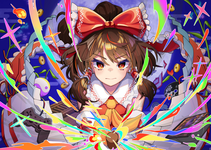 1girl a12_a_ini absurdres ascot bow box brown_hair cd closed_mouth coin commentary_request controller cover detached_sleeves donation_box frilled_bow frilled_hair_tubes frills full_moon game_controller gohei hair_bow hair_tubes hakurei_reimu highres holding holding_gohei holed_coin imperishable_night light_blush long_hair looking_at_viewer moon ofuda orb red_bow red_eyes ribbon solo touhou video_game_cover yin_yang yin_yang_orb