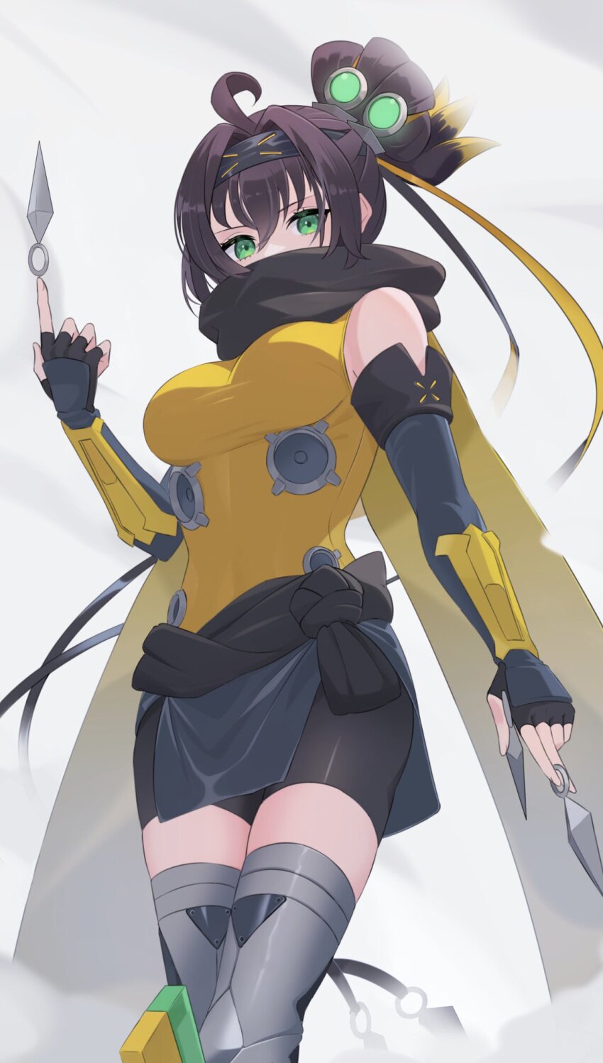 1girl ahoge black_hair braid breasts covered_mouth detached_sleeves fingerless_gloves gloves green_eyes headband heichi highres kunai large_breasts looking_at_viewer ninja pelvic_curtain s-force_rappa_chiyomaru s:p_little_knight shirt simple_background solo thighhighs weapon white_background yellow_shirt yu-gi-oh! zettai_ryouiki