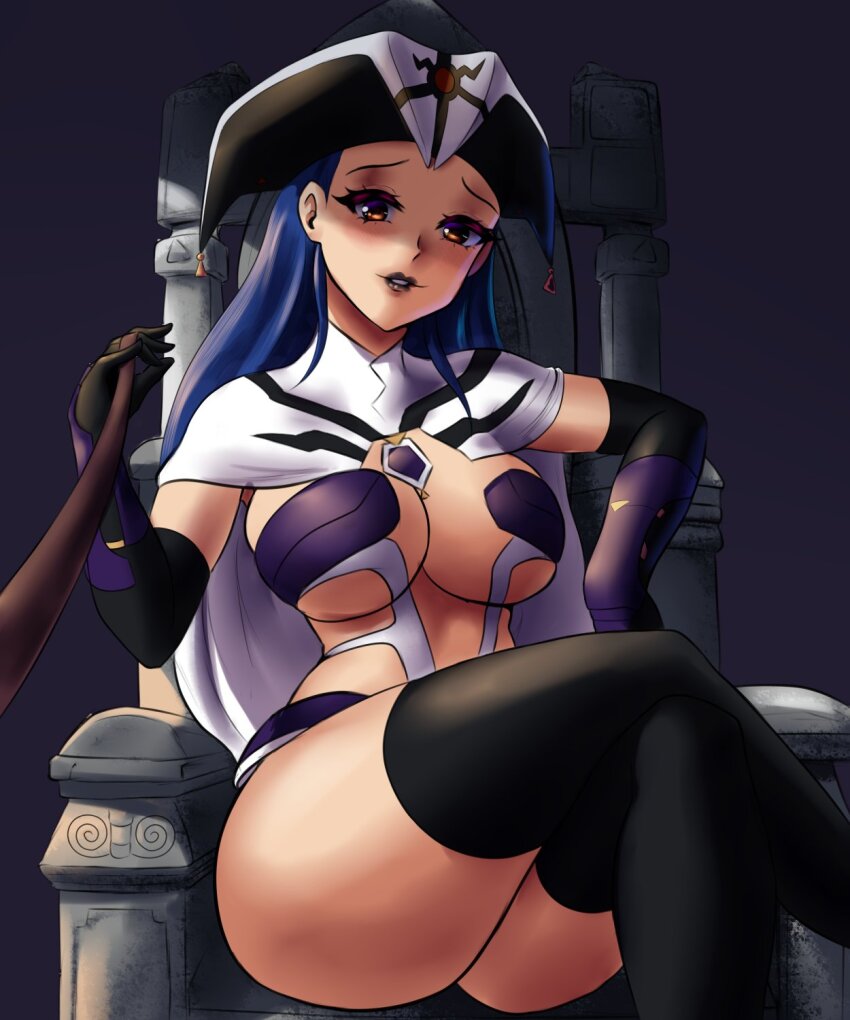 1girl althena armor bikini_armor black_lips black_thighhighs blue_hair breasts cape cleavage crossed_legs dark_background evil_smile gloves helmet highres large_breasts leash legs leonart luna_noah lunar:_the_silver_star parted_lips red_eyes sideboob skimpy_outfit smile teeth thighhighs thighs throne