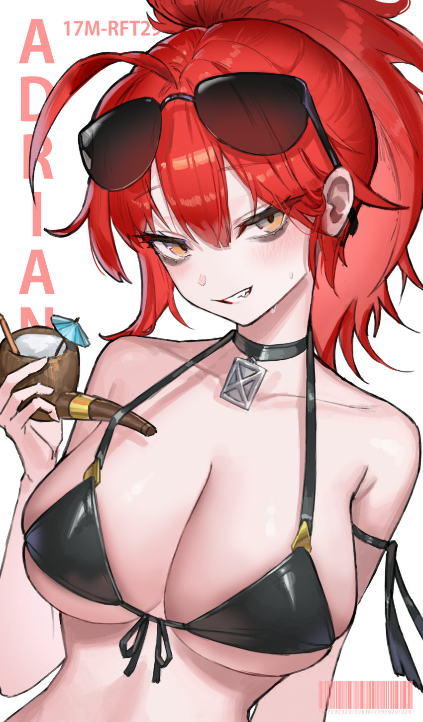 1girl absurdres adriana_rivera ahoge alternate_costume armpit_crease bags_under_eyes bare_arms bare_shoulders bikini black_bikini black_choker black_survival breasts choker cleavage collarbone eternal_return:_black_survival eyewear_on_head fang front-tie_bikini_top front-tie_top grin hand_up highres holding large_breasts long_hair looking_at_viewer nooodle_y ponytail red_hair skindentation smile solo strap_pull string_bikini sunglasses swimsuit wet yellow_eyes