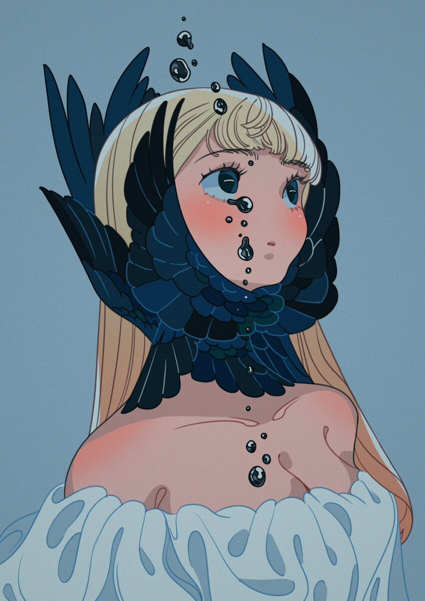 1girl bare_shoulders black_feathers black_tears black_wings blonde_hair blue_background blue_eyes blue_feathers blue_wings blush breasts cleavage collarbone commentary crying crying_with_eyes_open dress english_commentary feathered_wings feathers floating_tears head_wings highres long_hair looking_up medium_breasts meyoco off-shoulder_dress off_shoulder open_mouth original simple_background solo tears white_dress wings