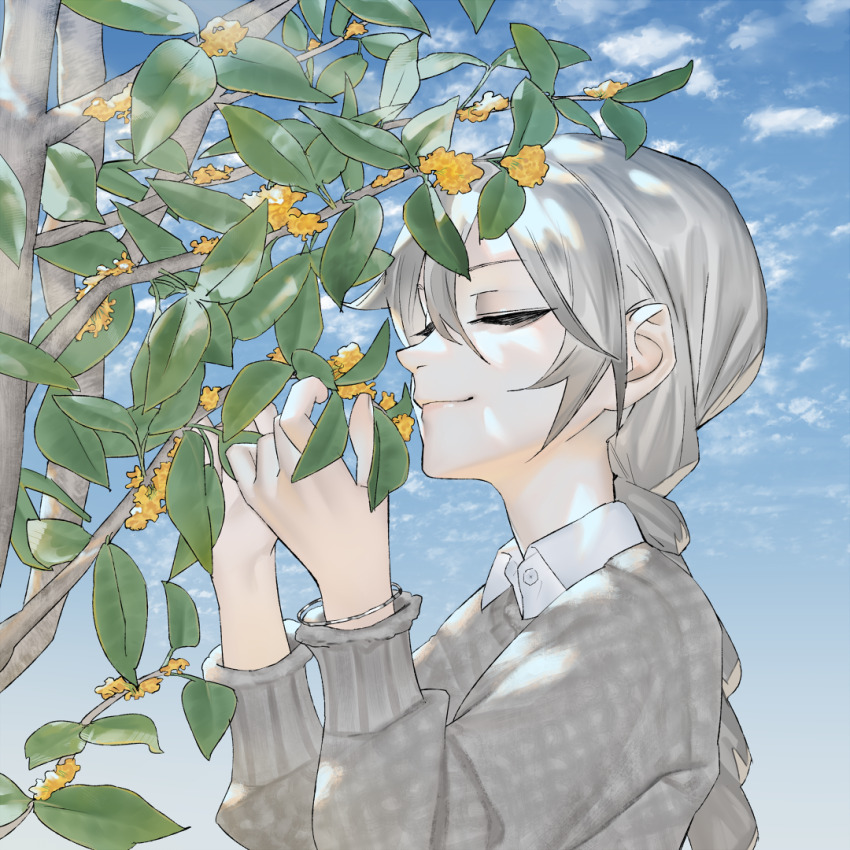 1girl alternate_costume blue_sky bracelet braid braided_ponytail branch closed_eyes closed_mouth cloud cloudy_sky collared_shirt dappled_sunlight flower from_side grey_hair grey_sweater hands_up jewelry leaf long_hair long_sleeves mi8pq plant_request sekka_yufu shirt sky smelling smelling_flower smile solo sunlight sweater tree upper_body utau yellow_flower