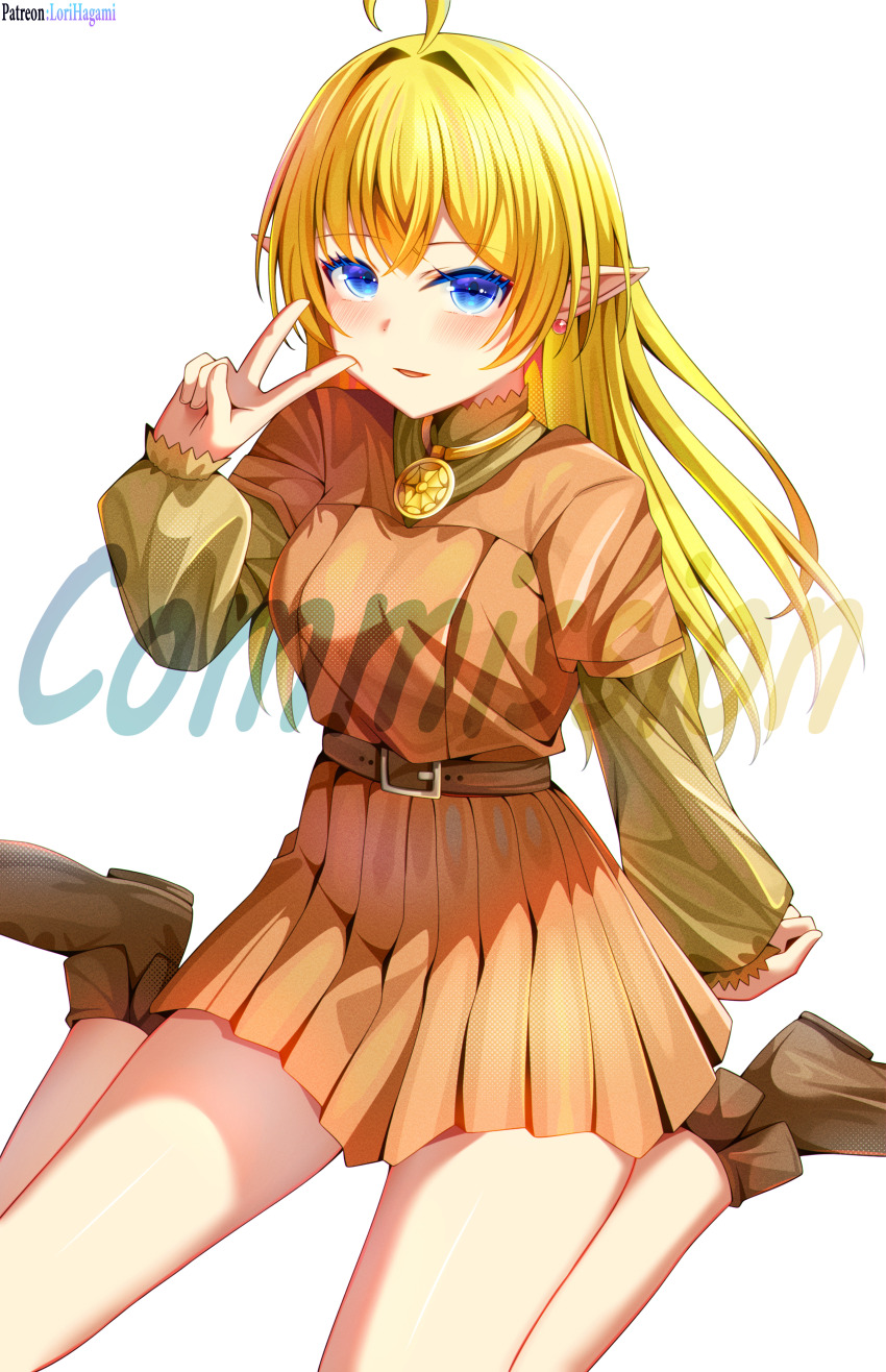 1girl absurdres alternate_breast_size blonde_hair blue_eyes boots breasts brown_boots commission commissioner_upload dress earrings elf highres jewelry long_hair lori_hagami lotte_farona necklace official_art orange_dress orange_shirt orange_skirt pointy_ears shirt skirt small_breasts solo v ways_of_darkness_(series)