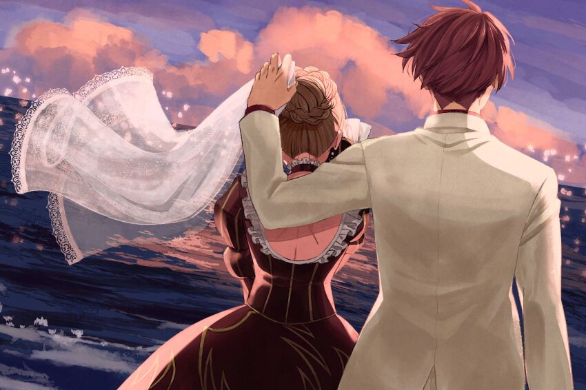 1boy 1girl backless_dress backless_outfit beatrice_(umineko) black_dress blonde_hair bun_with_braided_base cloud dress formal_clothes from_behind hair_bun highres horizon ocean red_hair short_hair single_hair_bun standing suidousui suit umineko_no_naku_koro_ni ushiromiya_battler white_suit