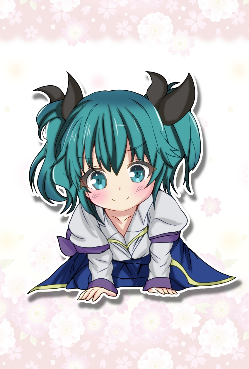 1girl absurdres age_regression aged_down aqua_eyes aqua_hair arm_support assault_lily black_ribbon blue_skirt blush bow child closed_mouth collarbone collared_shirt commentary drop_shadow ebisu_nobu floral_background flower full_body gradient_background hair_ribbon highres juliet_sleeves long_sleeves looking_at_viewer medium_hair odaiba_girls_high_school_uniform oversized_clothes pink_background pink_flower puffy_sleeves purple_bow ribbon school_uniform shirt sitting skirt sleeve_bow smile solo suzuki_chinami twintails white_background white_flower white_shirt