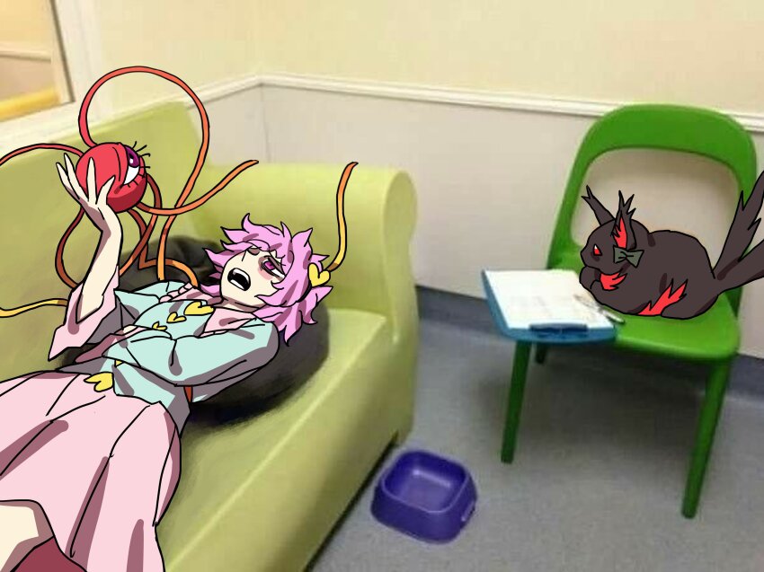 1girl absurdres black_hairband blue_shirt chair commentary couch eddybird55555 english_commentary hairband highres indoors kaenbyou_rin kaenbyou_rin_(cat) komeiji_satori lying on_back open_mouth pink_eyes pink_hair shirt short_hair third_eye touhou