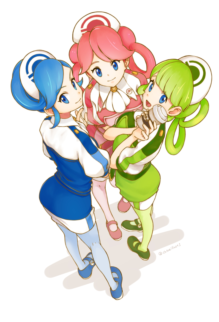 3girls absurdres ass blue_dress blue_eyes blue_footwear blue_hair blue_pantyhose closed_mouth cup disposable_cup dress from_above from_behind full_body green_dress green_footwear green_hair green_pantyhose hat highres kuroe_(crocrocroe) looking_at_viewer looking_back matching_hair/eyes multiple_girls nintendo nurse_cap open_mouth pantyhose pink_dress pink_footwear pink_hair pink_pantyhose pokemon pokemon_masters_ex short_hair short_sleeves siblings simple_background sisters smile tricia_(pokemon) trinnia_(pokemon) trista_(pokemon) white_background