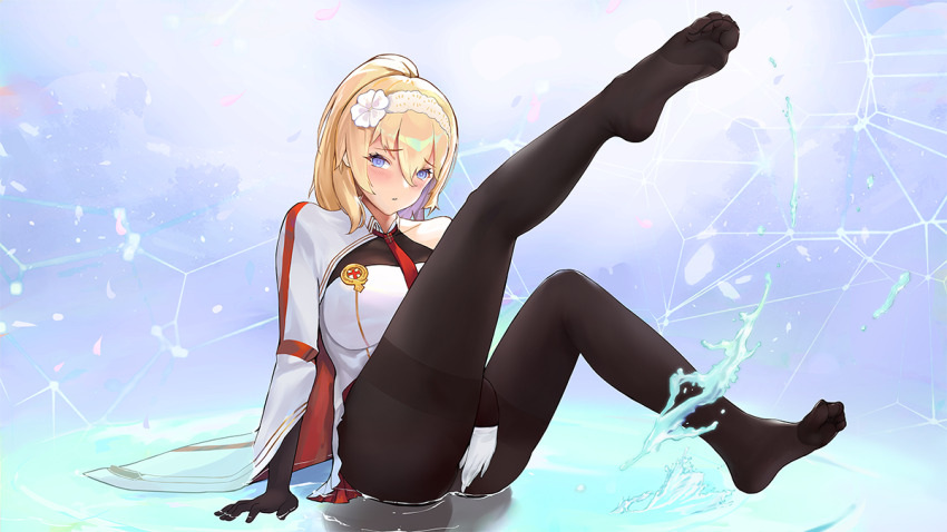 1girl blonde_hair blue_eyes blush covering_privates covering_crotch duke_of_york_(warship_girls_r) feet long_hair looking_at_viewer panties panties_under_pantyhose pantyhose pantyshot ponytail soles splashing toes underwear warship_girls_r