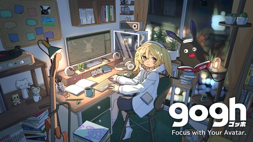 1girl akutagawa_yomuko algae alien artist_request bilingual_text black_eyes black_tail blonde_hair blurry book book_stack bookshelf bulletin_board cactus chair clock closed_mouth coat_rack coffee coffee_mug commentary_request computer computer_keyboard computer_mouse contrast_collar copyright_name cork creature cup curtains depth_of_field desk dial digital_clock double-parted_bangs dress eraser fangs ficus_microcarpa floor floral_print floral_print_dress frog g-kun game_screenshot_inset gogh:_focus_with_your_avatar grey_shorts guitar guitar_stand headphones highres hood hood_up ika_(gogh) indoors instrument jacket jar key_visual kokeshi kuroda_42 lamp lantern long_hair long_sleeves looking_at_another marimo mixed-language_text monitor mouse_pad mug notepad official_art on_chair open_book open_clothes open_jacket open_mouth pencil peter_pan_collar phonograph phonograph_needle photo_(object) pink_dress plant pocket potted_plant print_dress promotional_art radio radio_antenna red_eyes rug sansevieria_(plant) scissors second-party_source shadow shelf shirt shorts sleeveless sleeveless_dress smile socks sofubi-chan speaker sticky_note stuffed_animal stuffed_toy succulent_plant tail teddy_bear tongue toy trash trash_can twintails unzipped vinyl_record wall_shelf white_hood white_shirt white_sleeve_cuffs white_sleeves white_socks window