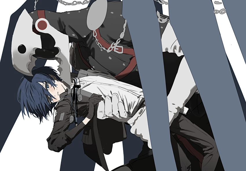 1boy black_gloves black_jacket black_pants black_ribbon blue_eyes blue_hair blush carrying chain gekkoukan_high_school_uniform gloves hair_between_eyes jacket long_sleeves male_focus neck_ribbon open_clothes open_jacket pants parted_lips persona persona_3 ribbon school_uniform shirt simple_background sweat tamaon_2525 thanatos_(persona) white_background white_shirt yuuki_makoto_(persona_3)