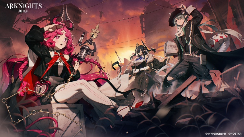 1boy 2girls absurdres arknights arm_up bare_shoulders black_hat black_jacket black_pants blue_ribbon box breasts building chyko copyright_name demon_boy demon_girl demon_horns dress green_hair hat highres holding holding_newspaper horns jacket key keyhole long_hair looking_afar looking_at_viewer mitm_(arknights) multiple_girls newspaper nymph_(arknights) official_art on_box open_mouth orange_sky outdoors own_hands_together pants pink_eyes pink_hair pointy_ears power_lines qalaisa_(arknights) ribbon sitting sitting_on_box sky smile tail