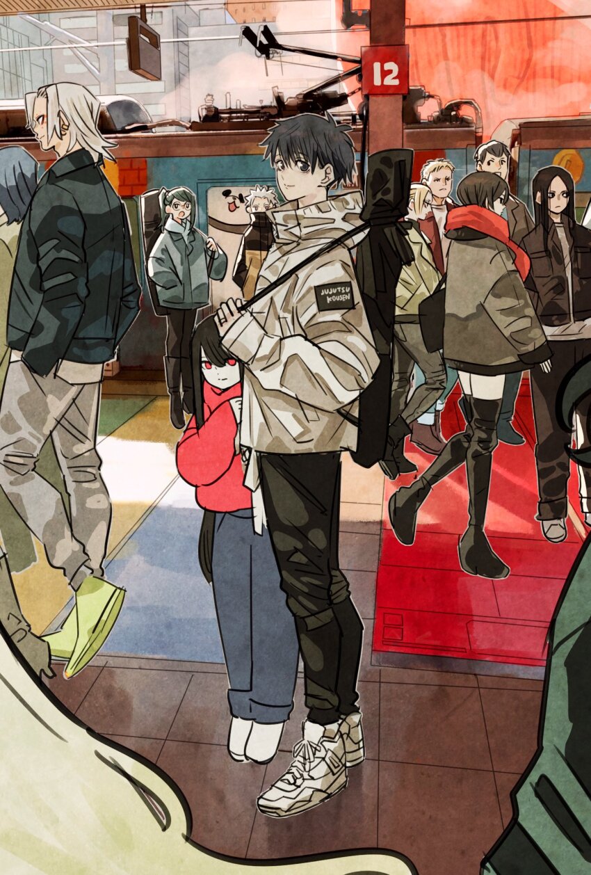 animal annie_leonhart bertolt_hoover black_hair black_jacket boots commentary_request earrings eren_yeager full_body glasses green_hair hashibira_inosuke highres hood hoodie inumaki_toge jacket jewelry jujutsu_kaisen kimetsu_no_yaiba long_hair looking_at_viewer mikasa_ackerman multiple_unit_train okkotsu_yuuta orimoto_rika panda panda_(jujutsu_kaisen) ponytail profile red_eyes red_hoodie red_scarf reiner_braun ring scarf shingeki_no_kyojin shoes short_hair single_sidelock smile smoke sneakers takeuchi_ryousuke thigh_boots train train_station_platform uzui_tengen very_long_hair white_hair zen&#039;in_maki