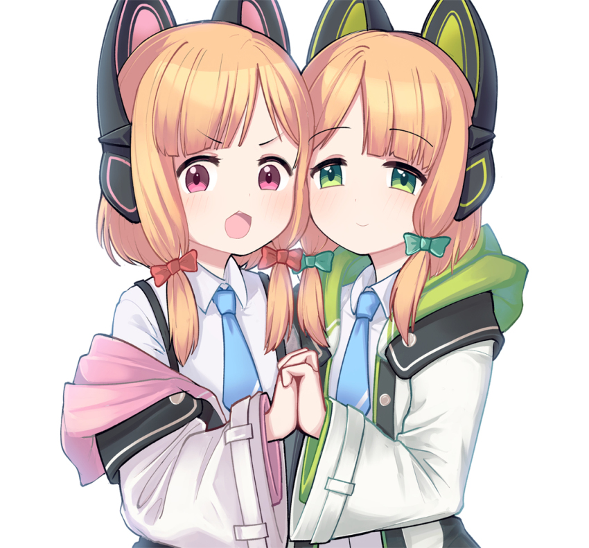 2girls animal_ears blonde_hair blue_archive blue_necktie blush bow closed_mouth collar fake_animal_ears green_eyes hair_bow holding_hands hood hooded_jacket interlocked_fingers jacket jacy long_hair long_sleeves midori_(blue_archive) momoi_(blue_archive) multiple_girls necktie off_shoulder open_mouth pink_eyes siblings simple_background sisters smile suspenders upper_body v-shaped_eyebrows white_background white_jacket