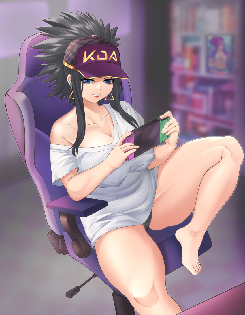 1girl akali baseball_cap black_hair black_panties blue_eyes breasts chair commentary commission english_commentary gaming_chair handheld_game_console hat highres k/da_(league_of_legends) k/da_akali large_breasts league_of_legends off_shoulder on_chair panties playing_games plump ponytail samsam_s2s shirt sidelocks swivel_chair t-shirt thighs underwear white_shirt