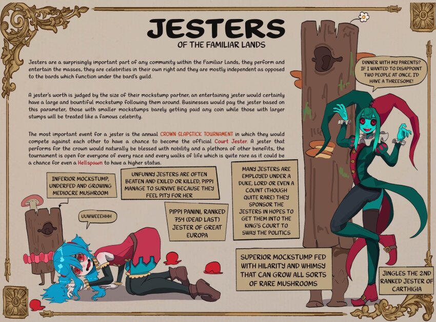 1girl 2girls aqua_hair basedbinkie bent_over colored_skin crying crying_with_eyes_open english_text facepaint frills green_hair green_skin grin hat highres jester jester_cap low_twintails messy_hair multiple_girls mushroom original pants_around_one_leg pink_skin pippi_panini_(basedbinkie) red_eyes reference_sheet single_thighhigh smile speech_bubble standing standing_on_one_leg tears thighhighs tomato tree_stump tutu twintails wavy_eyes wavy_mouth woody_the_mockstump_(basedbinkie)