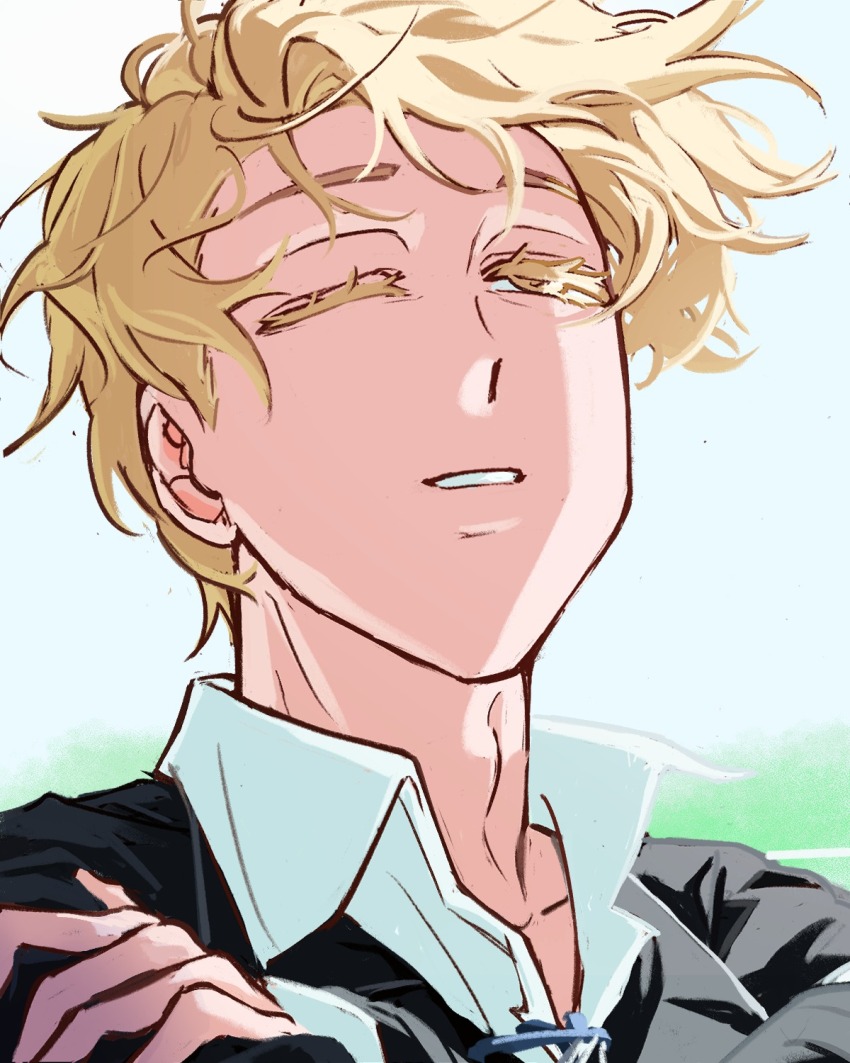 1boy alien_stage blonde_hair collared_shirt colored_eyelashes commentary floating_hair hashtag-only_commentary highres kuradrawings luka_(alien_stage) male_focus one_eye_closed parted_lips portrait shirt short_hair solo very_short_hair white_shirt yellow_eyes
