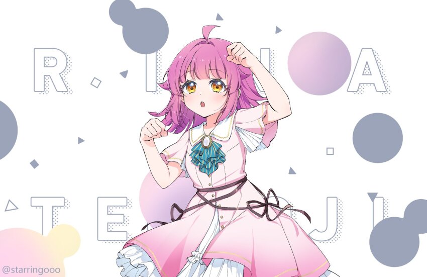 1girl :o ahoge alternate_costume aqua_ascot blunt_bangs blunt_ends brooch card_(medium) card_parody character_name circle clenched_hands coat_dress collared_dress commentary cosplay cowboy_shot dream_believers dress frilled_dress frills gradient_clothes gradient_dress highres jewelry kishimen_hair layered_dress link!_like!_love_live! looking_at_viewer love_live! love_live!_nijigasaki_high_school_idol_club medium_hair paw_pose pink_dress pink_hair short_sleeves solo starringooo teeth tennoji_rina twitter_username upper_teeth_only white_background yellow_eyes