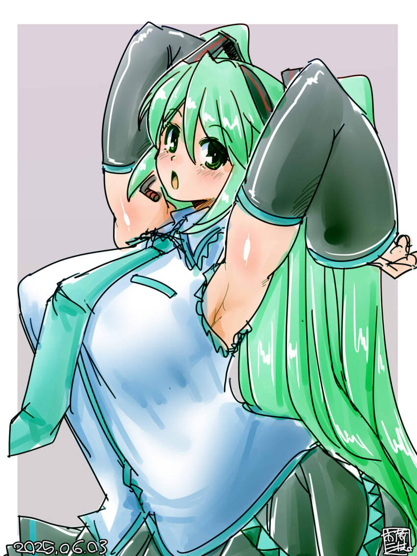1girl armpits arms_behind_back arms_up black_skirt black_sleeves blue_necktie blush breasts collared_shirt commentary_request cowboy_shot dated detached_sleeves green_eyes green_hair grey_background hair_ornament hatsune_miku headset highres itini-sanshi large_breasts long_hair long_sleeves looking_at_viewer necktie open_mouth shirt skirt sleeveless sleeveless_shirt solo twintails very_long_hair vocaloid white_background white_shirt