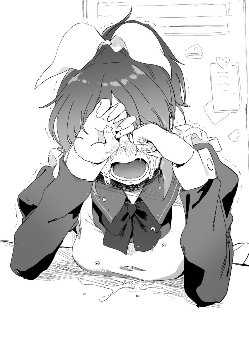 1girl abe_nana apron blush breasts commentary_request covered_eyes crying fingernails greyscale highres idolmaster idolmaster_cinderella_girls iyosan_(a-01) juliet_sleeves long_sleeves maid_apron medium_breasts monochrome nose_blush open_mouth puffy_sleeves sitting sobbing solo teardrop tears trembling wrist_cuffs