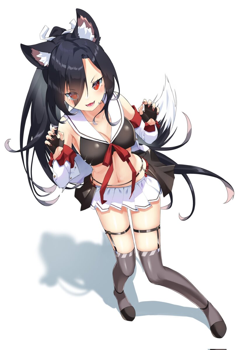 1girl animal_ear_fluff animal_ears azur_lane black_gloves black_hair black_thighhighs crop_top detached_sleeves eyes_visible_through_hair fingerless_gloves full_body gloves hair_over_one_eye highres long_hair looking_at_viewer marimo_daifuku miniskirt nail_polish official_alternate_costume overskirt pleated_skirt ponytail red_eyes red_ribbon retrofit_(azur_lane) ribbon sailor_collar school_uniform serafuku shadow shigure_(azur_lane) shigure_(retrofit)_(azur_lane) simple_background skirt solo standing tail thighhighs white_background white_sailor_collar white_skirt wolf_ears wolf_girl wolf_tail