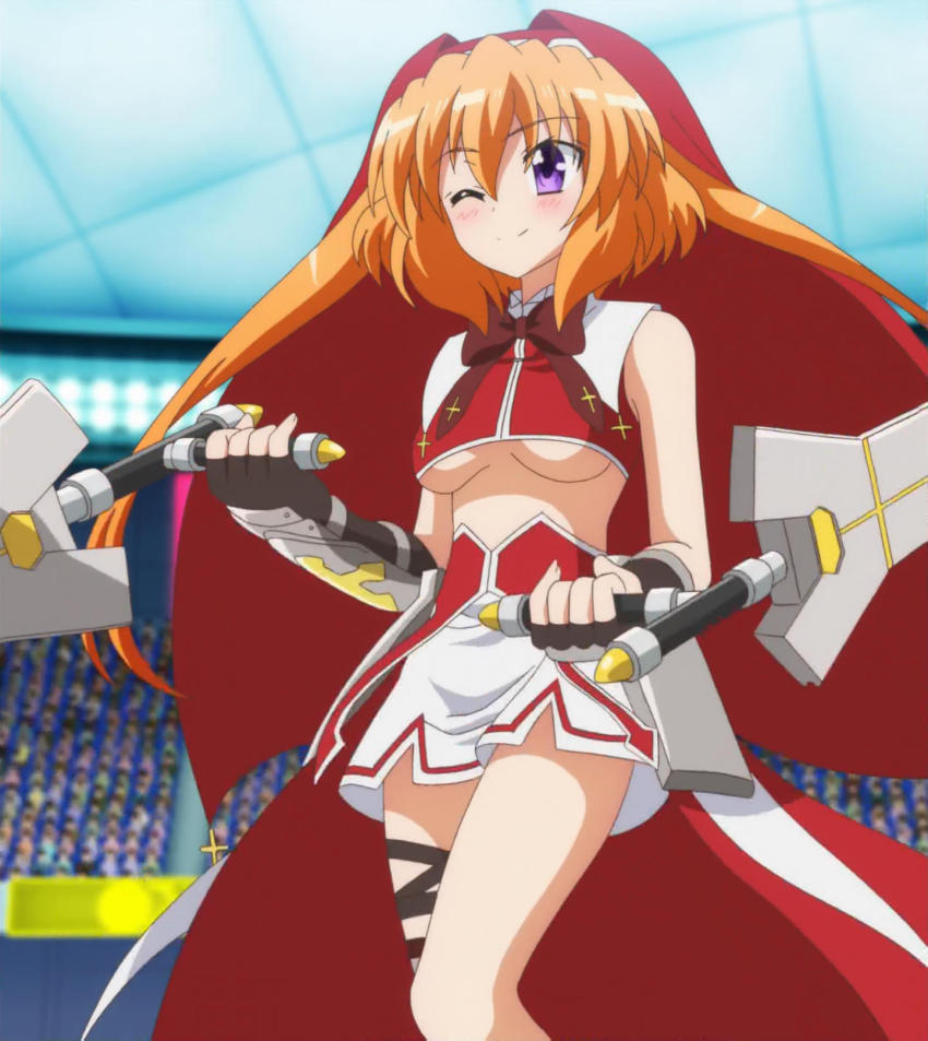 10s 1girl ;) anime_screenshot breasts chantez_apinion dual_wielding highres holding lyrical_nanoha mahou_shoujo_lyrical_nanoha_vivid miniskirt one_eye_closed orange_hair phantasma_(nanoha) purple_eyes short_hair skirt smile sword tonfa twintails underboob weapon