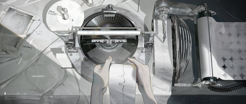 1other absurdres commentary english_commentary grey_theme highres holding holding_paper machine original paper photo_(object) tmt wire