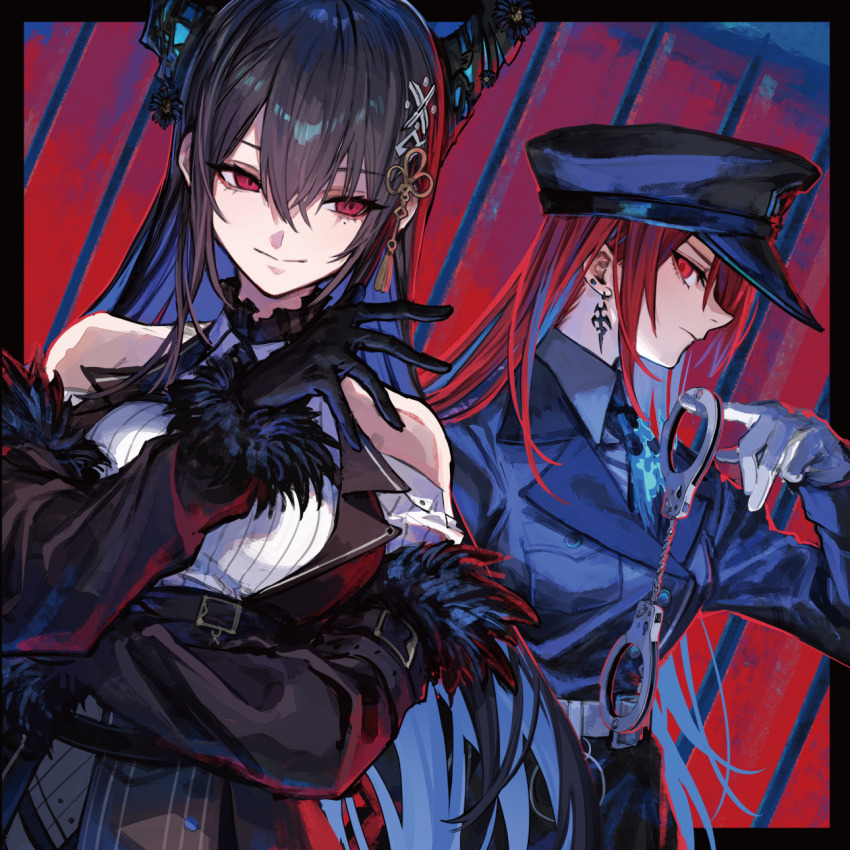 2girls alternate_costume asymmetrical_horns bare_shoulders bars black_hair blue_fire blue_hair breasts colored_inner_hair crossed_arms cuffs demon_horns elizabeth_rose_bloodflame fire fur_trim gloves handcuffs highres holding holding_handcuffs hololive hololive_english horns iron_bars long_hair mephisto_(angraecum) mole mole_under_eye multicolored_hair multiple_girls nerissa_ravencroft nerissa_ravencroft_(1st_costume) red_eyes red_hair smile two-tone_hair uneven_horns very_long_hair virtual_youtuber