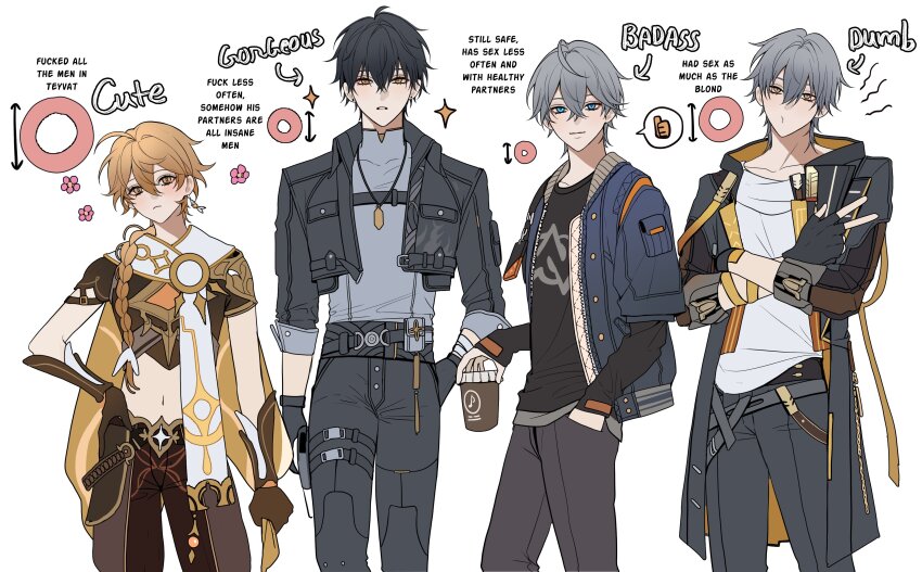 4boys absurdres aether_(genshin_impact) ahoge arm_armor arm_ribbon armor arrow_(symbol) baggy_pants belt black_belt black_coat black_gloves black_hair black_jacket black_pants black_shirt blonde_hair blue_eyes blue_jacket braid brown_gloves brown_pants brown_shirt buttons caelus_(honkai:_star_rail) closed_mouth clothes_writing coat collarbone collared_jacket commentary company_connection cowboy_shot crossed_arms crossed_bangs crossover cup disposable_coffee_cup disposable_cup earrings english_commentary english_text fingerless_gloves flower genshin_impact gloves gold_trim grey_belt grey_hair grey_shirt hair_between_eyes hair_ornament hair_ribbon hand_in_pocket hand_on_own_hip highres holding holding_cup honkai:_star_rail honkai_(series) hood hooded_coat jacket jewelry lapels layered_sleeves long_hair long_sleeves looking_at_viewer low-braided_long_hair low-tied_long_hair male_focus male_rover_(wuthering_waves) mandarin_collar midriff mihoyo multiple_boys navel necklace open_clothes open_coat open_jacket pants pink_flower pnk_crow pocket ribbon rover_(wuthering_waves) scarf shirt short_over_long_sleeves short_sleeves shoulder_armor simple_background single_braid single_earring smile sparkle speech_bubble standing star_(symbol) t-shirt tassel teeth thigh_strap thumbs_up trailblazer_(honkai:_star_rail) two-sided_coat two-sided_fabric white_background white_ribbon white_scarf white_shirt wise_(zenless_zone_zero) wuthering_waves yaoi yellow_coat yellow_eyes zenless_zone_zero