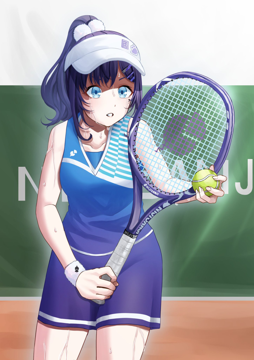 1girl aboreen aiba_uiha black_hair blue_eyes breasts collarbone copyright_name high_ponytail highres holding holding_racket looking_ahead medium_breasts nijisanji parted_lips ponytail racket solo sportswear sweat tennis_racket tennis_uniform virtual_youtuber visor_cap wristband