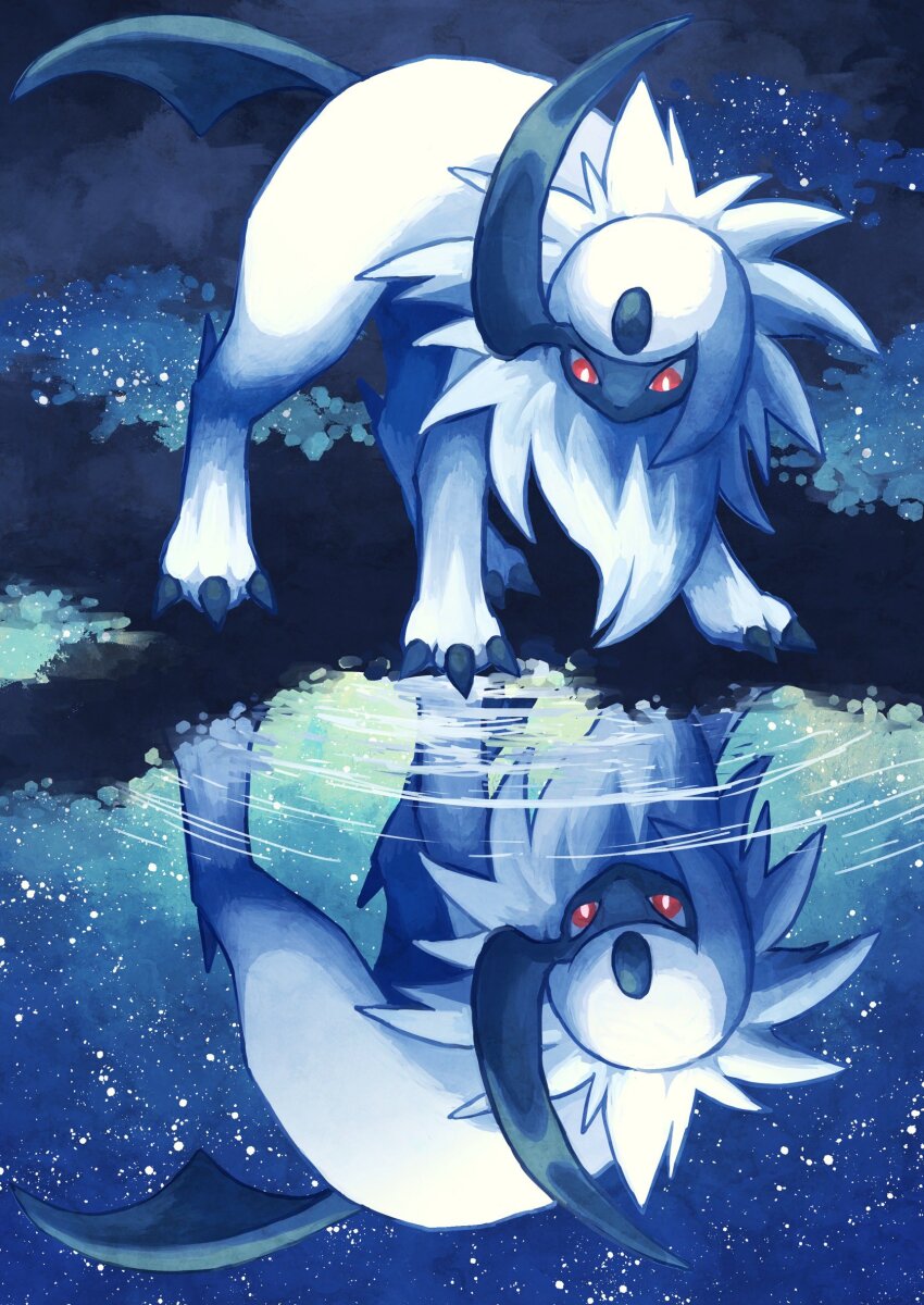 7_phi_3 absol absurdres blue_theme bright_pupils claws forehead_jewel gen_3_pokemon highres horns nintendo no_humans pokemon pokemon_(creature) red_eyes reflection reflective_water single_horn water white_hair white_pupils