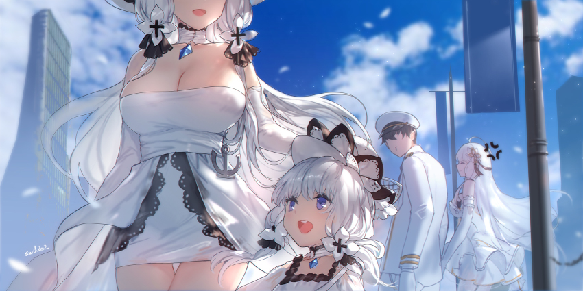 1boy 3girls ahoge anchor anger_vein angry azur_lane bare_shoulders blue_sky breasts cleavage cloud commander_(azur_lane) detached_collar distracted_boyfriend_(meme) dress elbow_gloves faceless faceless_male false_smile gloves hat head_out_of_frame highres illustrious_(azur_lane) illustrious_(muse)_(azur_lane) lace-trimmed_headwear lace_trim large_breasts little_illustrious_(azur_lane) long_hair looking_at_another looking_back meme military military_hat military_uniform multiple_girls no_bra open_mouth outdoors pantyhose short_dress sky smile standing strapless strapless_dress sun_hat swd3e2 thighs tri_tails turning_head white_dress white_gloves white_hair white_headwear