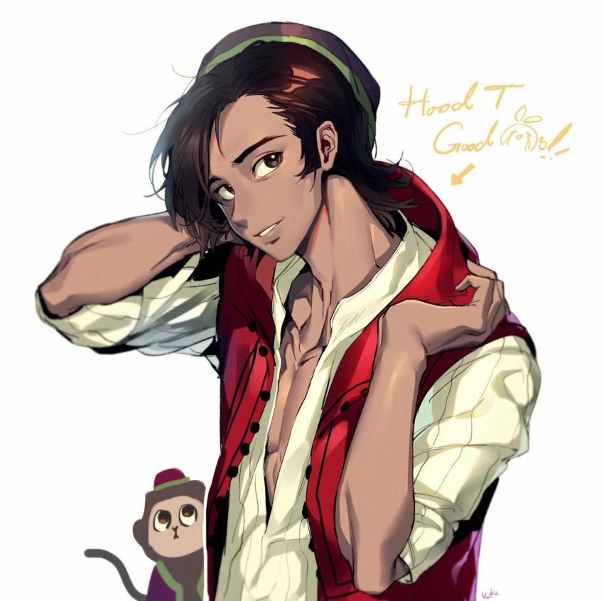 1boy abu_(aladdin) aladdin_(disney) aladdin_(movie) animal arm_behind_head arrow_(symbol) bad_id bad_tumblr_id black_hair black_headwear blurry brown_eyes buttons clothed_animal commentary dark-skinned_male dark_skin depth_of_field english_commentary english_text hand_up hat highres hood hooded_jacket jacket looking_at_viewer male_focus maro_(lij512) monkey open_clothes open_jacket parted_lips pectorals red_jacket shirt short_hair signature sketch smile striped_clothes striped_shirt upper_body vertical-striped_clothes vertical-striped_shirt