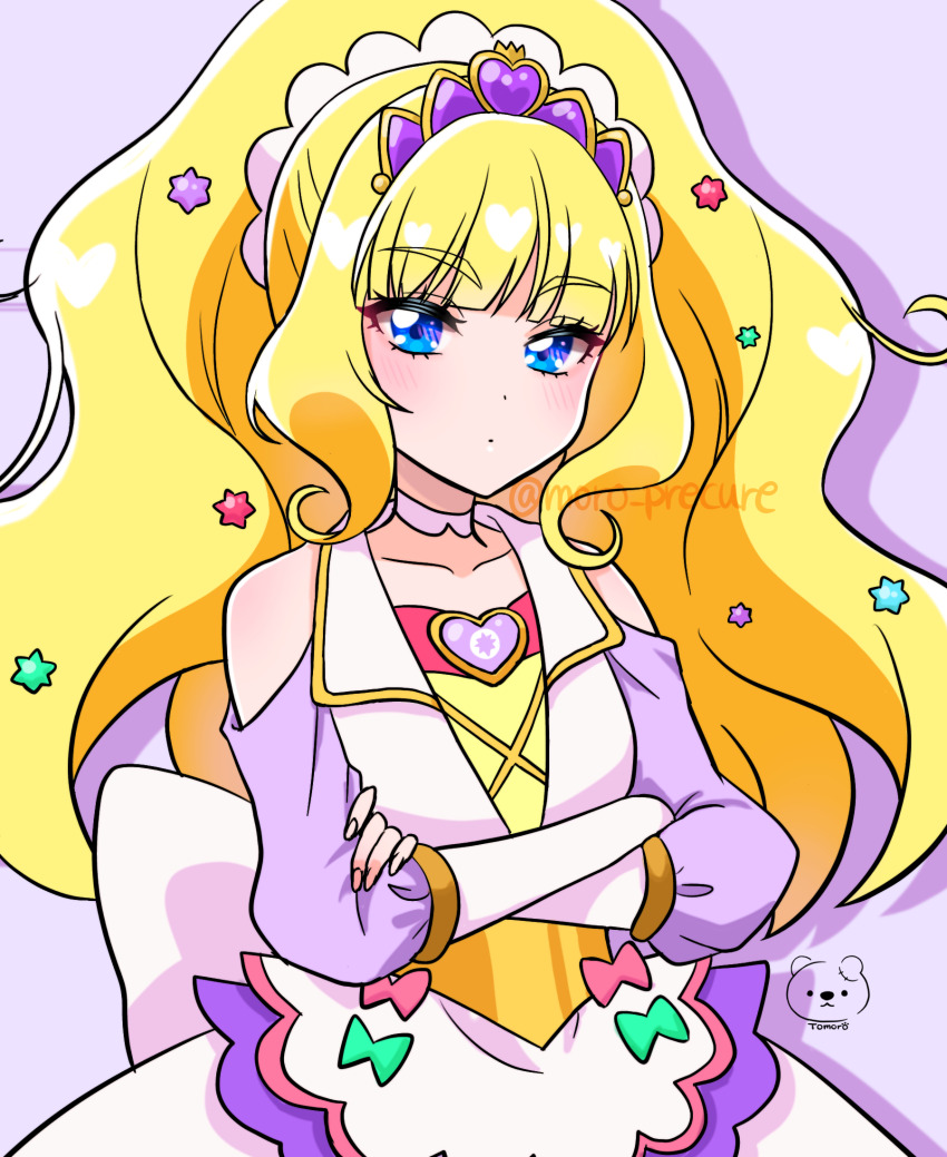 1girl arm_warmers artist_logo artist_name blonde_hair blue_eyes blush brooch choker clothing_cutout cure_finale delicious_party_precure dress heart heart_brooch highres jewelry kasai_amane logo long_hair magical_girl moro_precure multicolored_dress open_mouth ponytail precure shoulder_cutout solo tiara twitter_username white_choker
