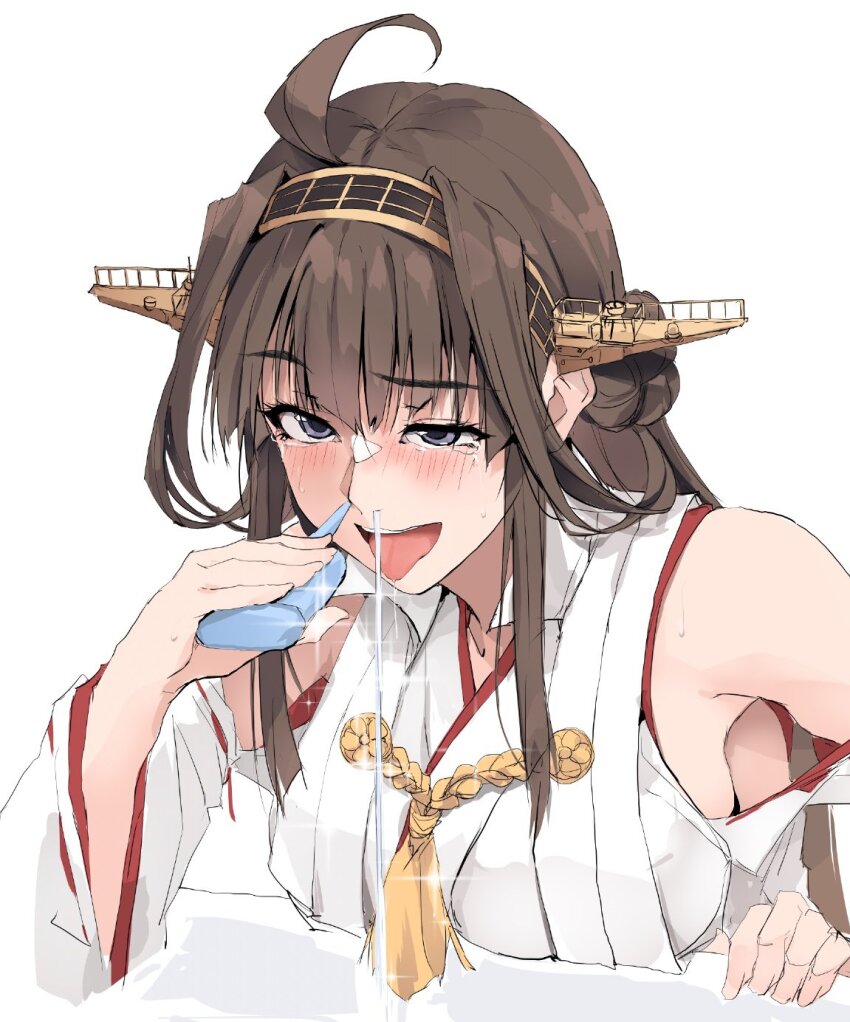 1girl ahoge bare_shoulders blue_eyes blush bottle breasts brown_hair commentary commentary_request detached_sleeves hair_bun headgear highres in_nose japanese_clothes kantai_collection kongou_(kancolle) long_hair medium_breasts nasal_irrigation nontraditional_miko open_mouth revision ribbon-trimmed_sleeves ribbon_trim simple_background single_hair_bun solo sparkle sweat tears tongue tongue_out upper_body white_background wide_sleeves zekkyon