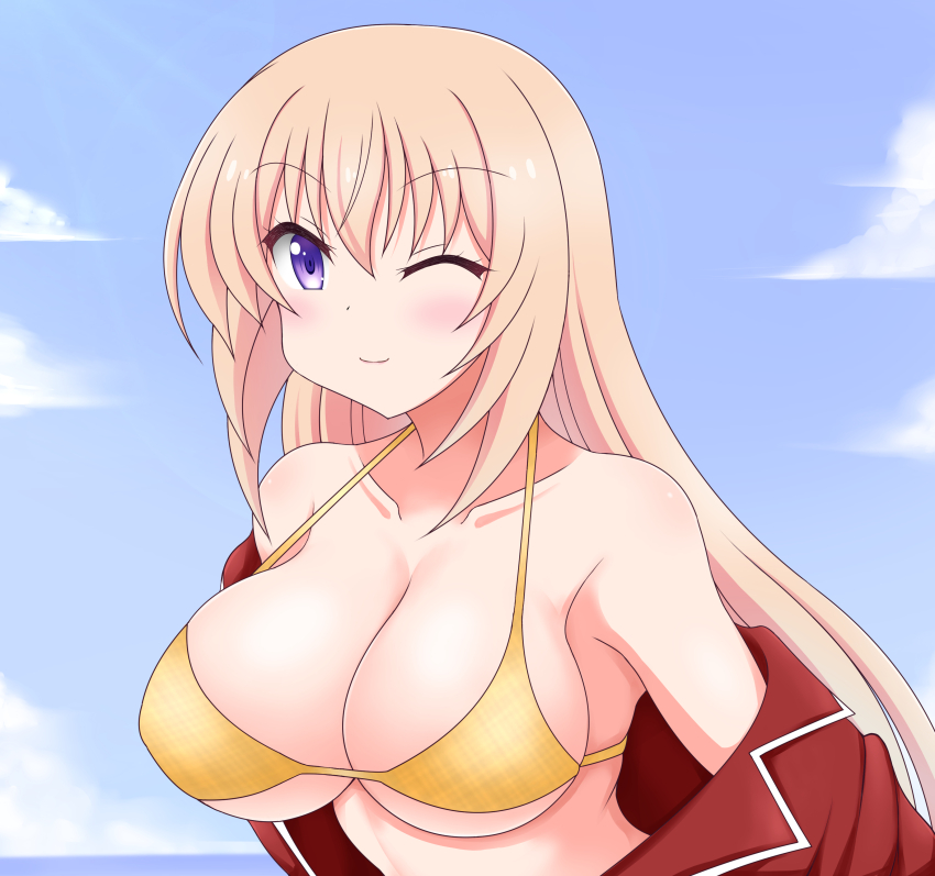 1girl ;) absurdres bikini blonde_hair breasts cleavage collarbone halterneck highres ichinose_honami_(youjitsu) jersey large_breasts long_hair ocean one_eye_closed purple_eyes skindentation sky smile swimsuit tansan_0 underboob undressing yellow_bikini youkoso_jitsuryoku_shijou_shugi_no_kyoushitsu_e